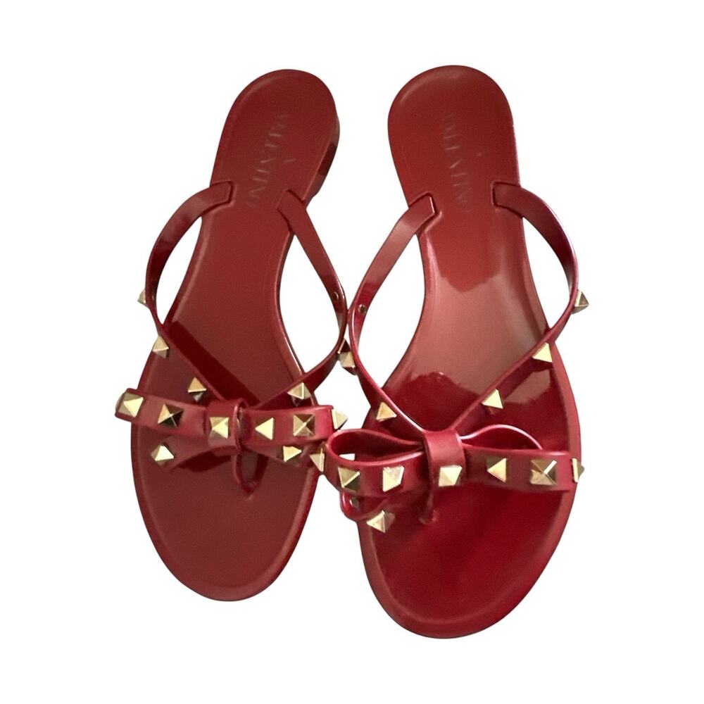 Valentino Garavani Rockstud Bow Jelly Thong Sandals Red Slip-On Women’s 37 - Picture 4 of 11